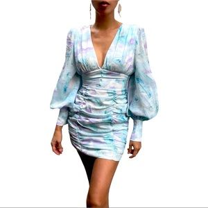 Runaway The Label Sky Blue Seabreeze Watercolor Puff Sleeve Mini Dress